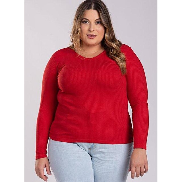 Blusa Manga Longa em Ribana Canelada Larga Decote "V" - Serena