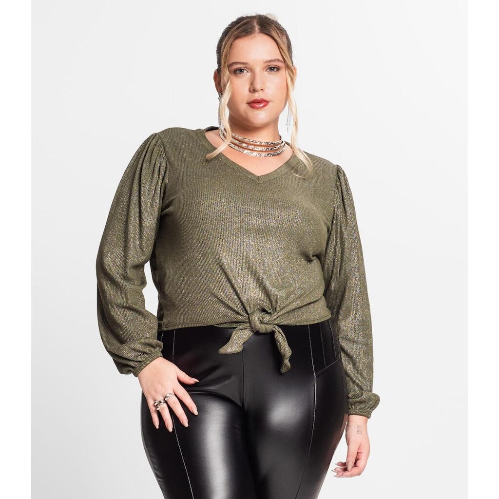 Blusa Manga Longa Em Ribana Canelada Secret Glam Verde