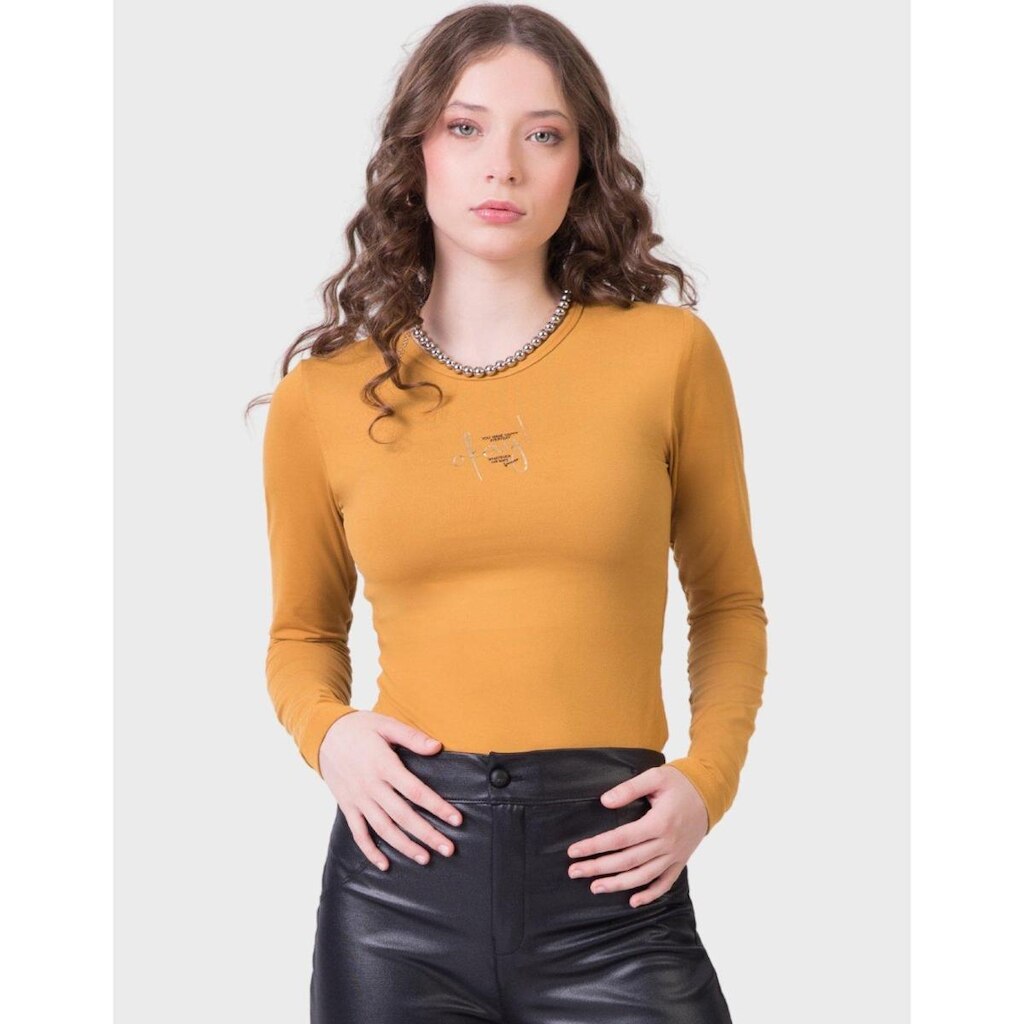 Blusa Manga Longa Estampada Frio Moda Dia a Dia Inverno Elegante Amarelo - Feminino 12 a 18 anos
