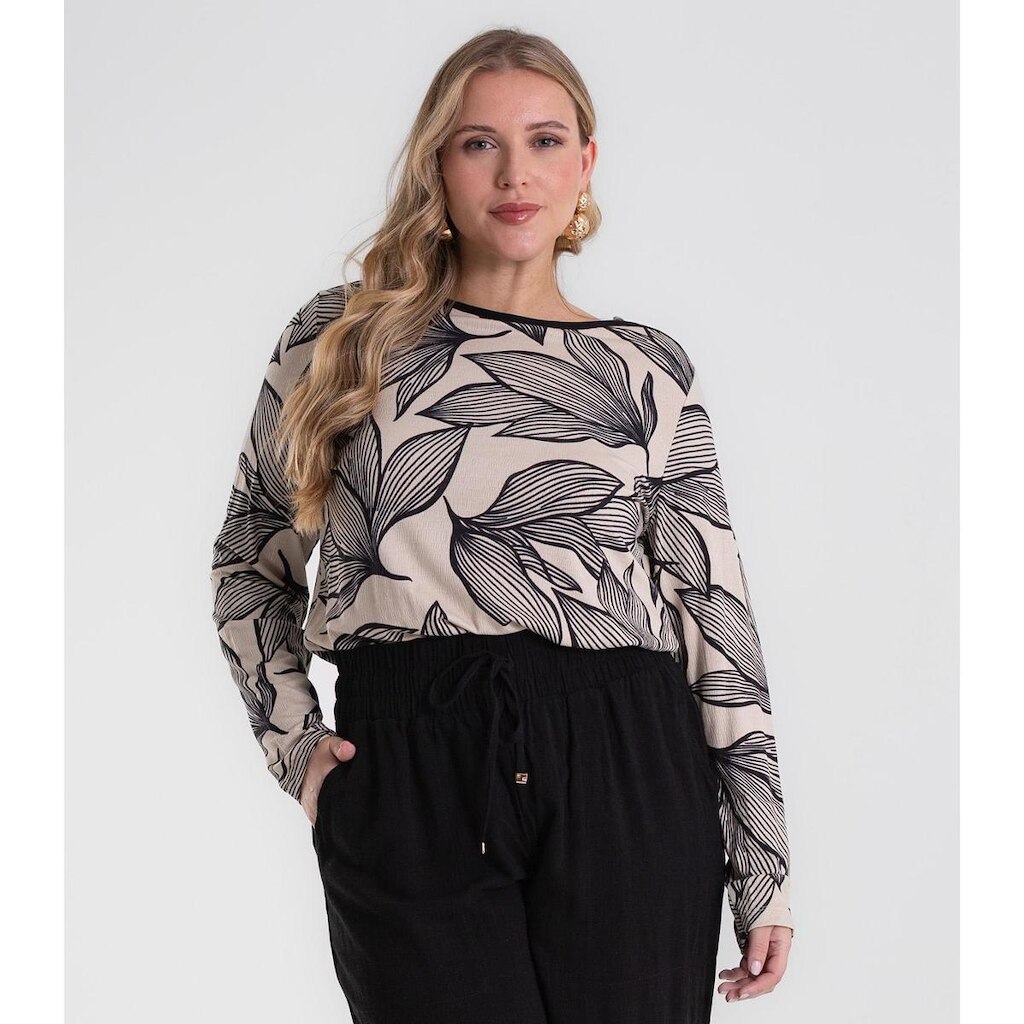 Blusa Manga Longa Estampada Plus Size Secret Glam Bege