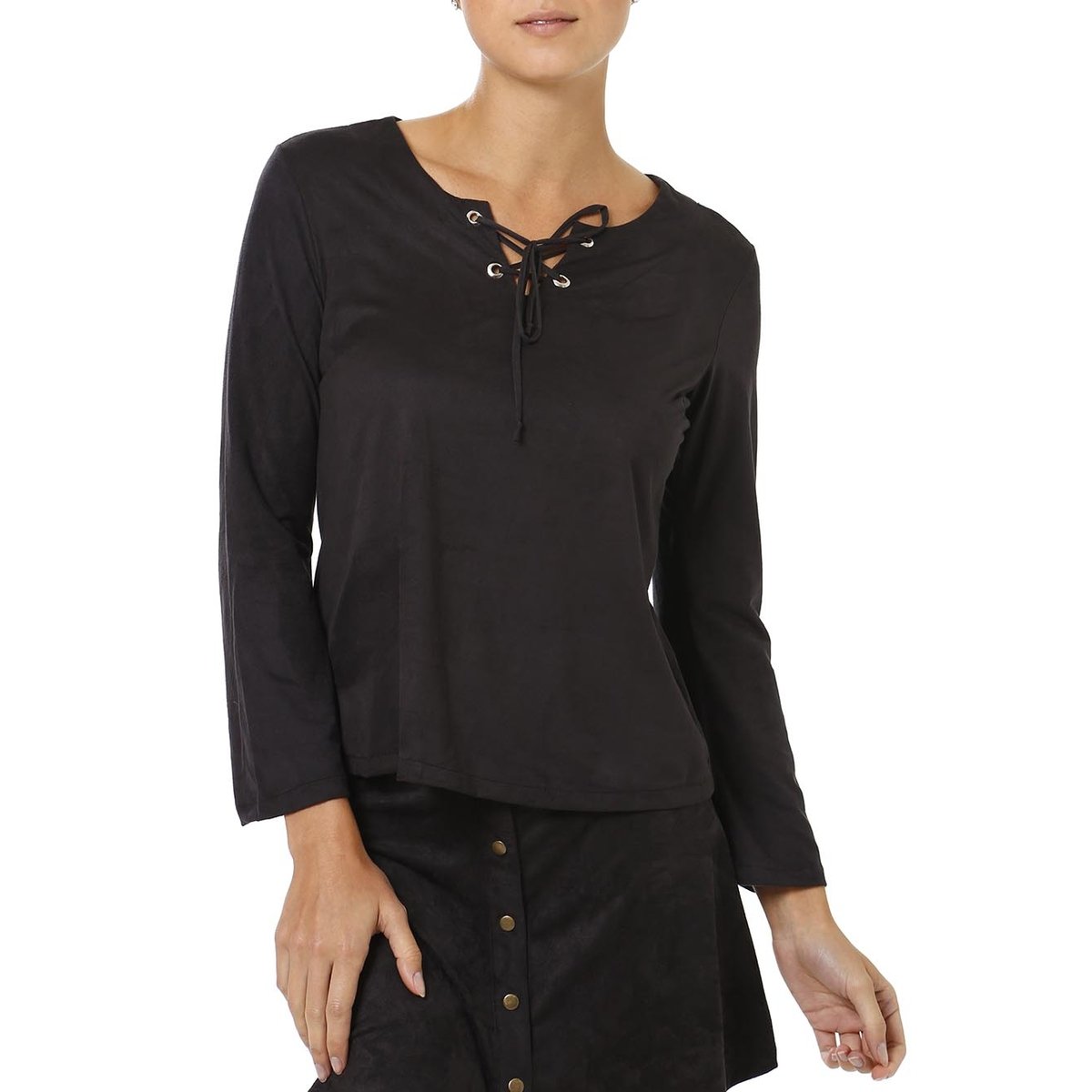 Blusa Manga Longa Feminina Suede Preto - Preto Menor preço em Blusa Manga Longa Feminina Suede Preto - Preto