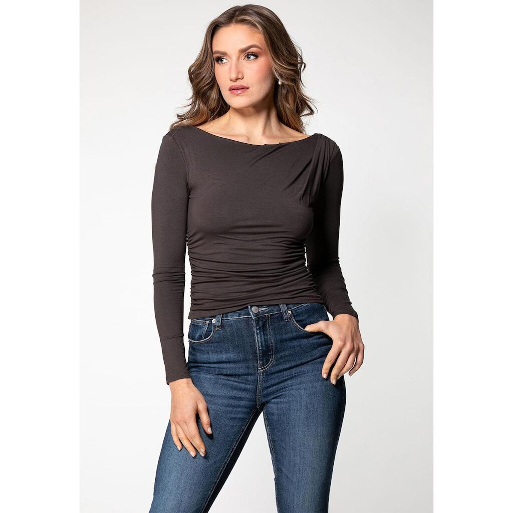 Blusa Manga Longa Franzido Decote Costas Marrom