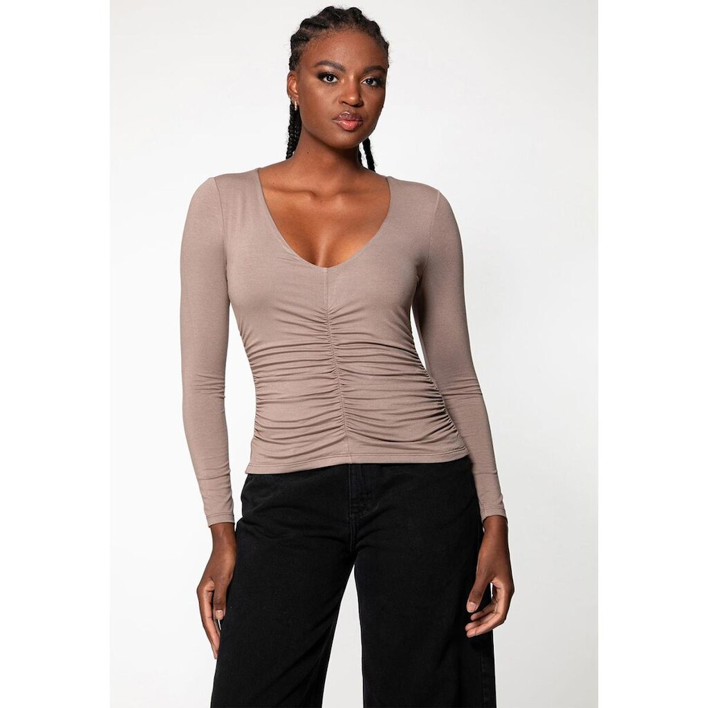 Blusa Manga Longa Franzido Decote V Bege