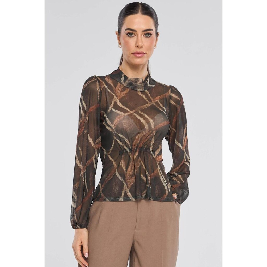 Blusa Manga Longa PKS Tule Estampa Geométrica Marrom