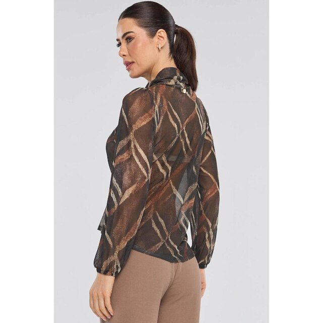 Blusa Manga Longa PKS Tule Estampa Geométrica Marrom