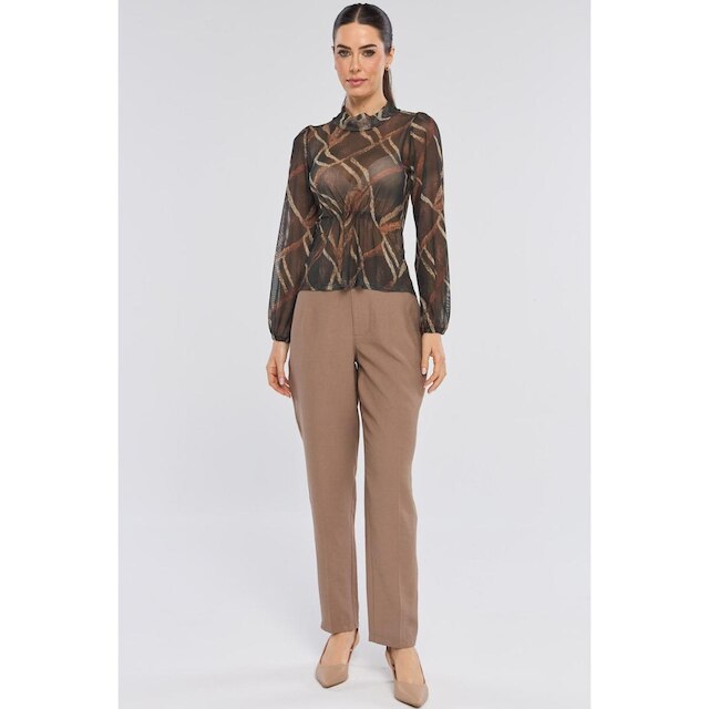 Blusa Manga Longa PKS Tule Estampa Geométrica Marrom