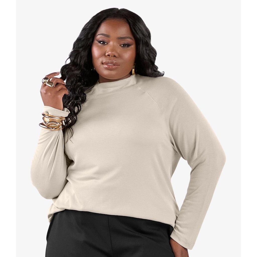 Blusa Manga Longa Plus Size Secret Glam Bege