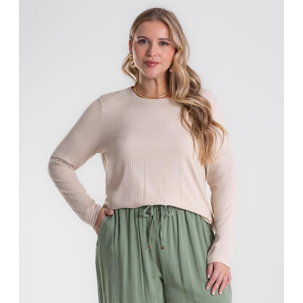 Blusa Manga Longa Ribana Canelada Secret Glam Bege