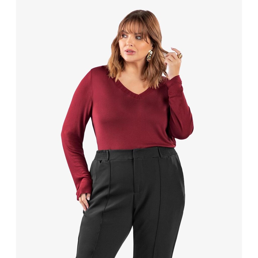 Blusa Manga Longa Visco Plus Size Secret Glam Vermelho
