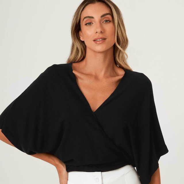 Blusa Manga Morcego Canelada Mallha Estilosa Lisa Cropped