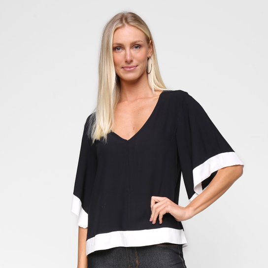 Blusa Marialicia Básica Bicolor Feminina - Preto