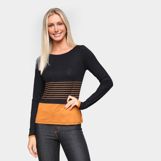 Blusa Marialicia Listras Bicolor Manga Longa Feminina - Preto