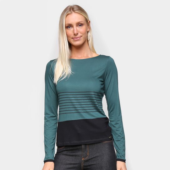 Blusa Marialicia Listras Bicolor Manga Longa Feminina - Verde