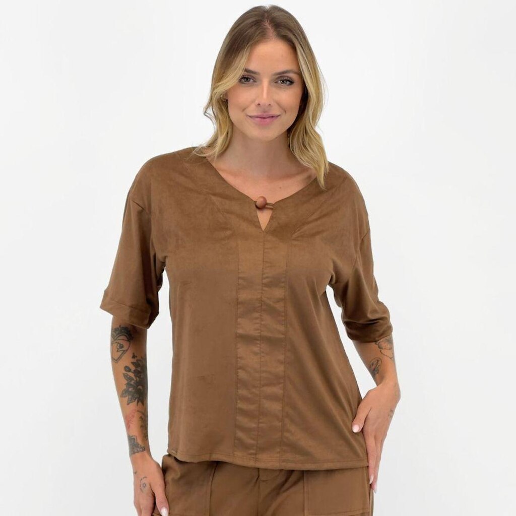 Blusa Meia Loka Manga Curta em Suede Feminina