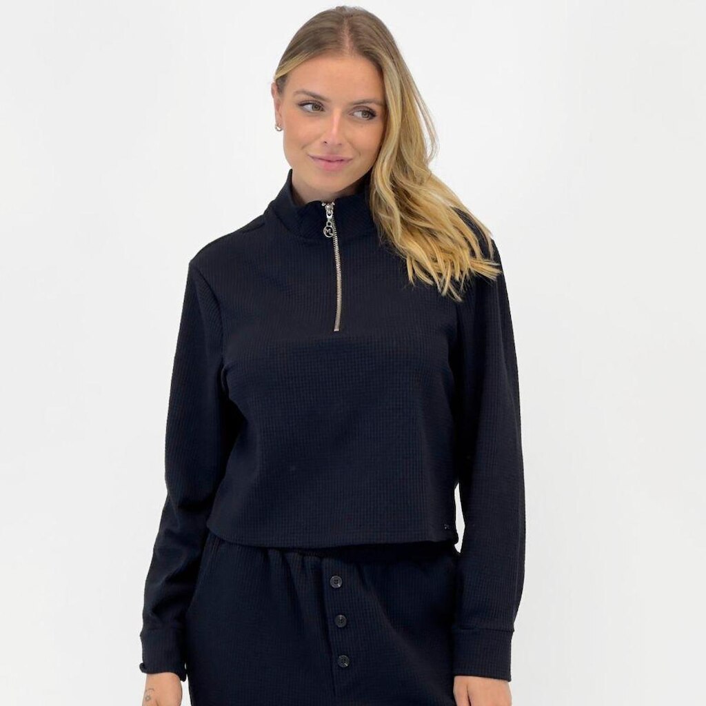 Blusa Meia Loka Texturizada Gola Alta com Zíper Feminina
