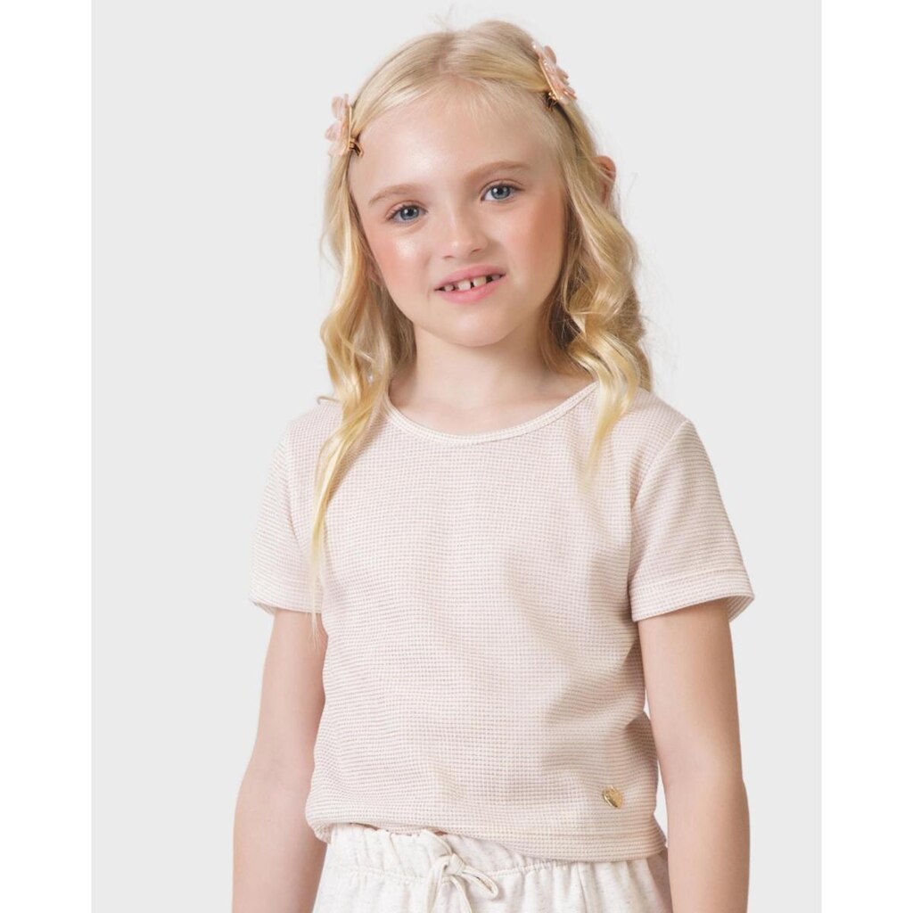 Blusa menina Piq tricot shine plaquinha verão charmosa leve freco - Creme - Menina 4 a 14 anos