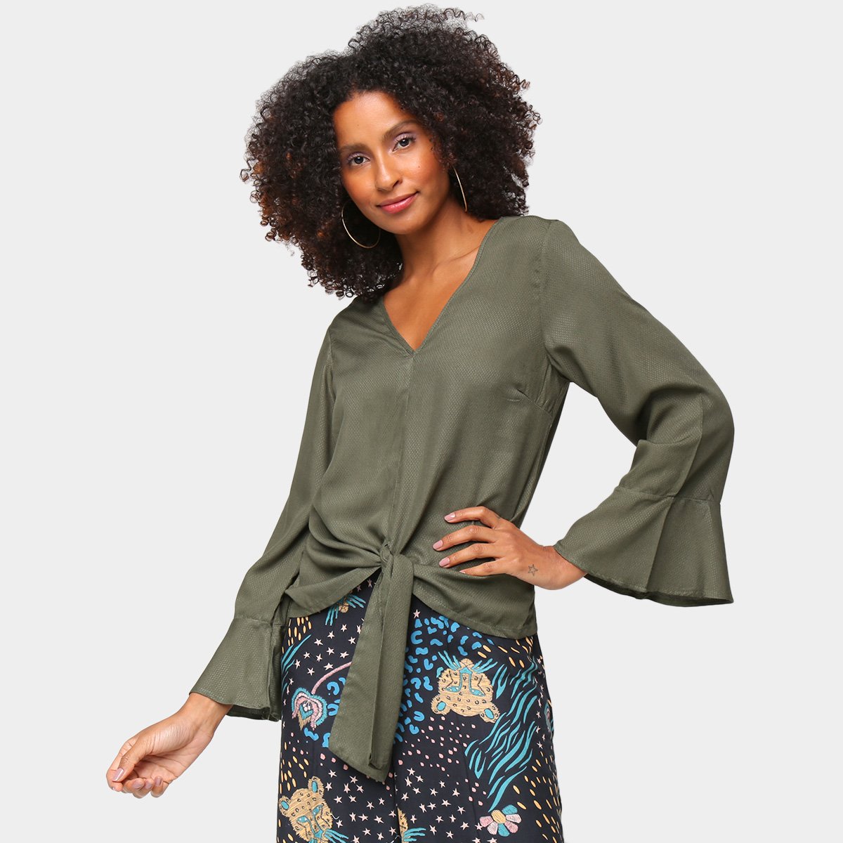 Blusa Mercatto Amarração Manga Longa Flare Feminina - Verde escuro Menor preço em Blusa Mercatto Amarração Manga Longa Flare Feminina - Verde escuro