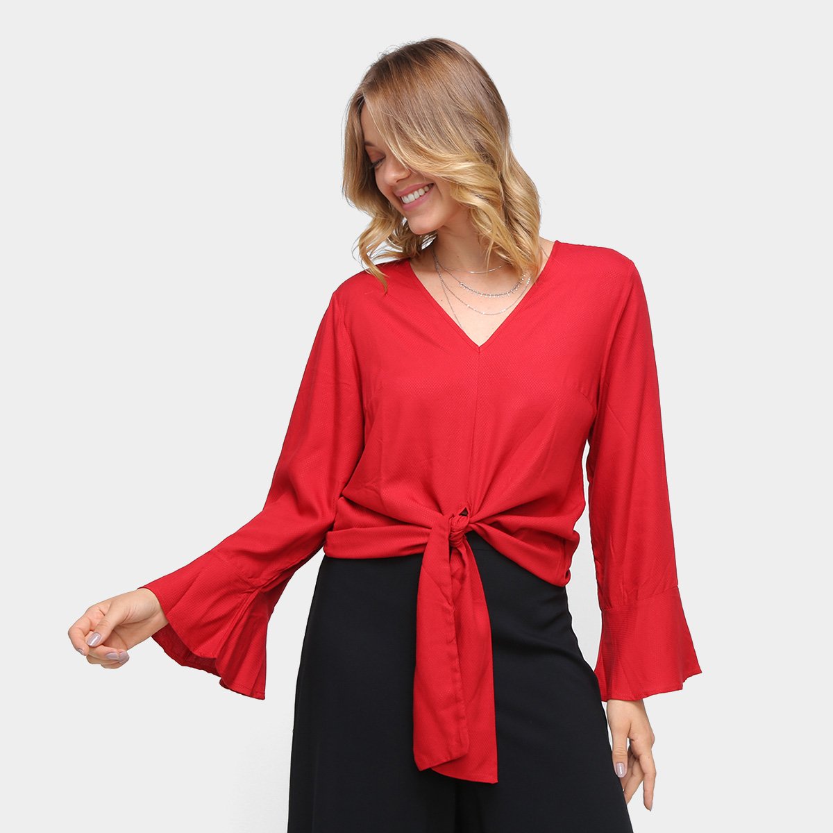 Blusa Mercatto Amarração Manga Longa Flare Feminina - Vermelho Escuro Menor preço em Blusa Mercatto Amarração Manga Longa Flare Feminina - Vermelho Escuro