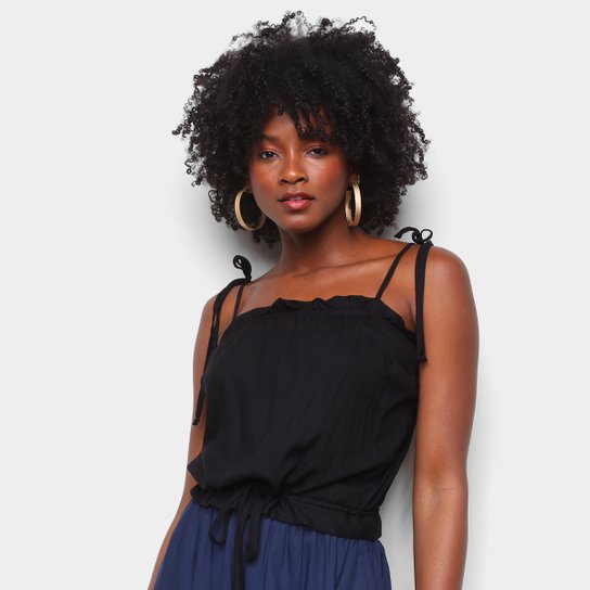 Blusa Mercatto Cropped Alças Amarração Lisa Feminina - Preto