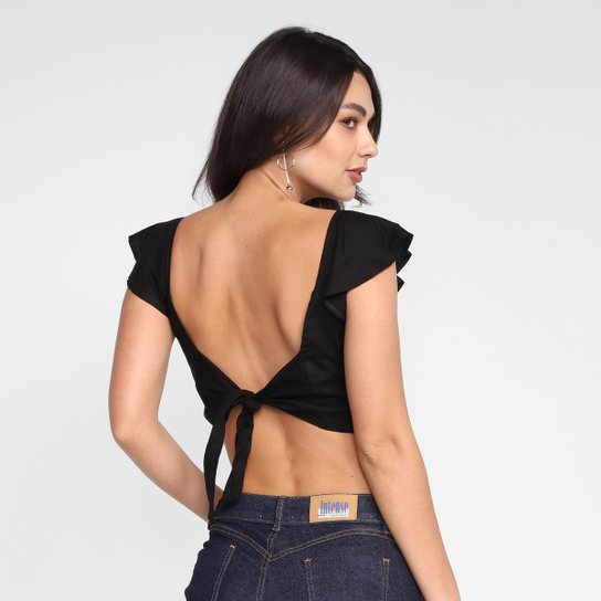 Blusa Mercatto Cropped Babado Feminina - Preto