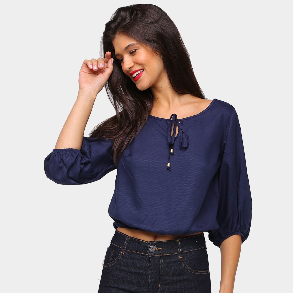 Blusa Mercatto Manga 3/4 Amarração Feminina - Azul Escuro Menor preço em Blusa Mercatto Manga 3/4 Amarração Feminina - Azul Escuro