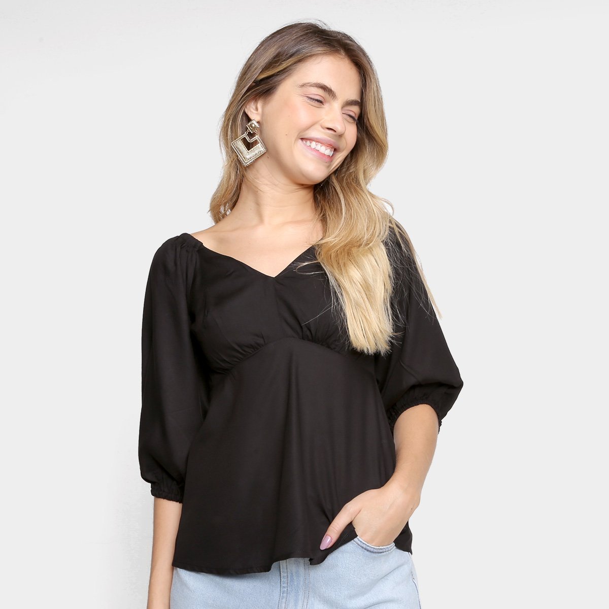 Blusa Mercatto Manga 3/4 Manga Bufante Feminina - Preto Menor preço em Blusa Mercatto Manga 3/4 Manga Bufante Feminina - Preto