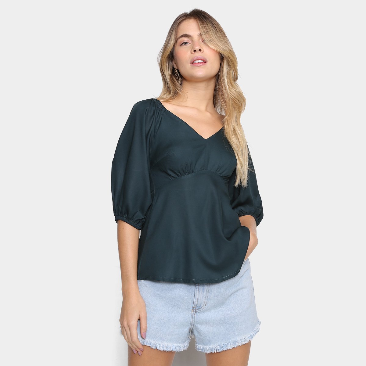 Blusa Mercatto Manga 3/4 Manga Bufante Feminina - Verde escuro Menor preço em Blusa Mercatto Manga 3/4 Manga Bufante Feminina - Verde escuro