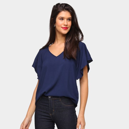 Blusa Mercatto Manga Ampla Lisa Feminina - Azul Escuro