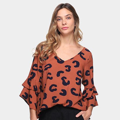 Blusa Mercatto Onça Babados Feminina - Feminino