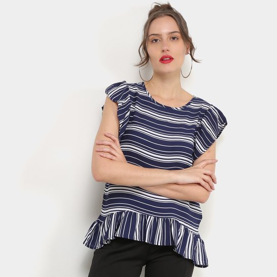 Blusa Miose Listrada Babados Feminina - Marinho