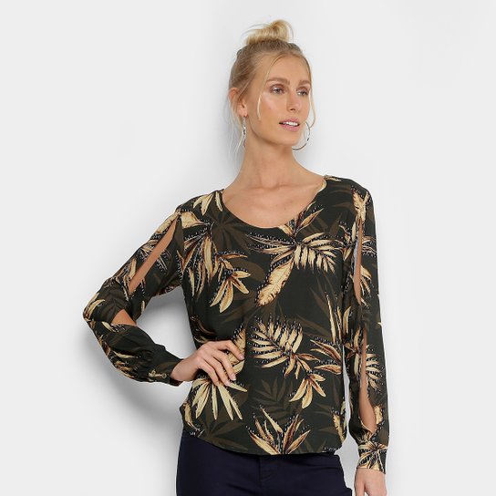 Blusa Mob Manga Longa Estampada Feminina - Preto