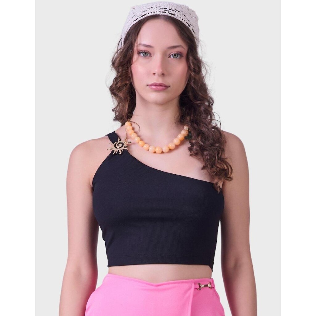Blusa Modelo Canelada Preto Sauve Com Uma Alça Sol Detalhe De Verão Ombro Amostra Feminino 12 a 18