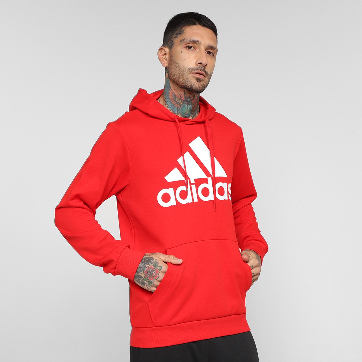 Blusa Moletom Adidas Essentials Big Logo com Capuz - Vermelho+Branco Menor preço em Blusa Moletom Adidas Essentials Big Logo com Capuz - Vermelho+Branco