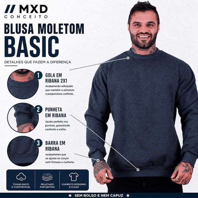 Blusa Moletom Basic MXD Conceito Sem Touca Moda Fitness De Treino