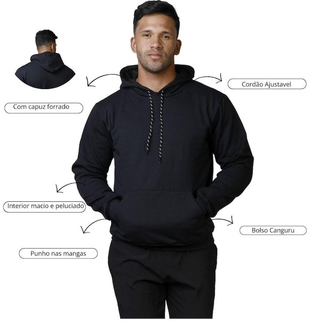 Blusa Moletom Bolso Canguru Com Capuz Masculino Básico Liso Frio