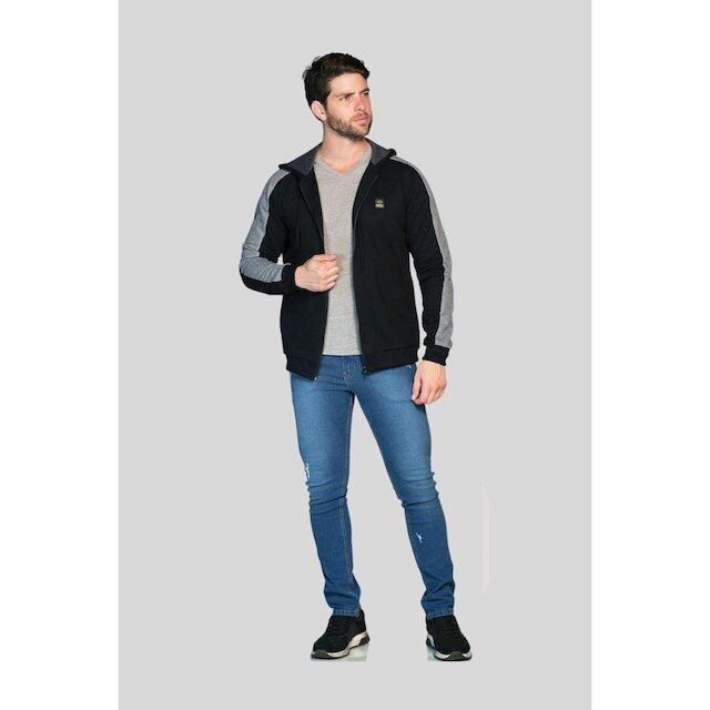 Blusa Moletom Capuz com Ziper Faixa Braço Preto 2301