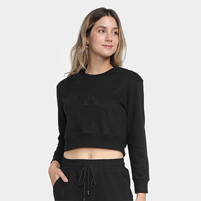 Blusa Moletom Cropped Calvin Klein Relevo Pino Feminina - Feminino