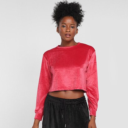 Blusa Moletom Cropped Malwee Manga Longa Feminina - Feminino