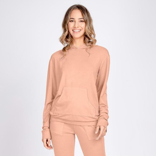 Blusa Moletom Leve Bolso Canguru com Capuz Rosa Pó de Arroz - Rosa Claro