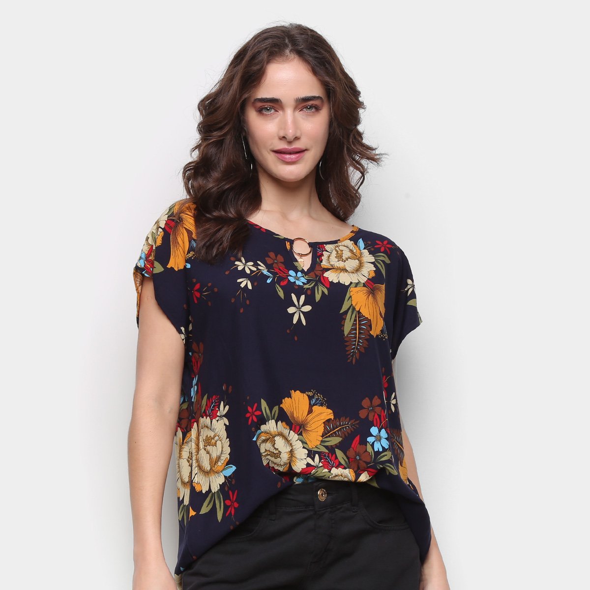 Blusa MS Fashion Argola Floral Feminina - Marinho+Amarelo Menor preço em Blusa MS Fashion Argola Floral Feminina - Marinho+Amarelo
