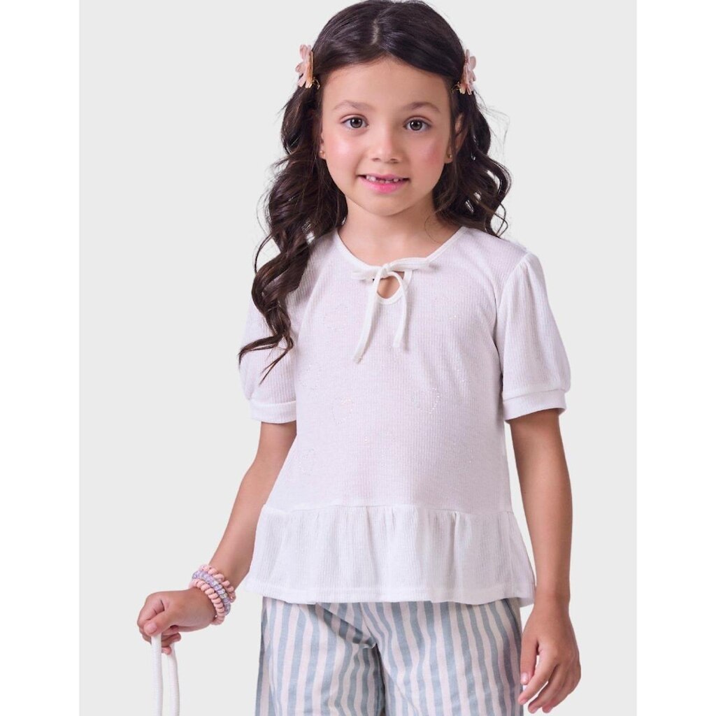 Blusa Off White Malha Trabalhada Gola Com Amarração Rosa Manga Curta Estilo Verão Menina 4 a 14
