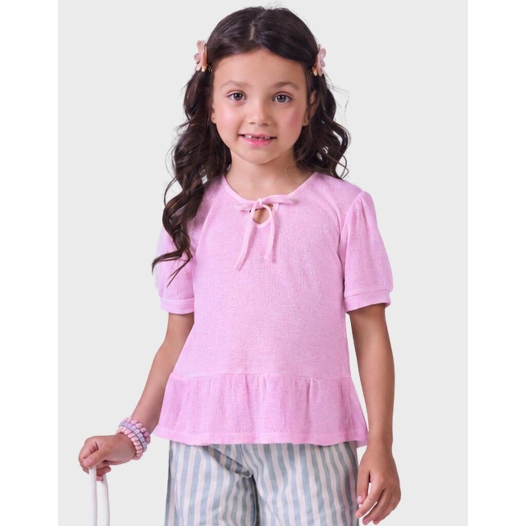 Blusa Off White Malha Trabalhada Gola Com Amarração Rosa Manga Curta Estilo Verão Menina 4 a 14