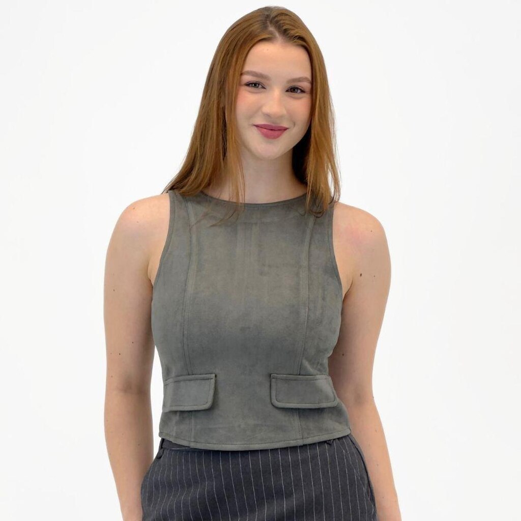 Blusa Pacific Regata Cropped em Suede Gola Redonda Feminina