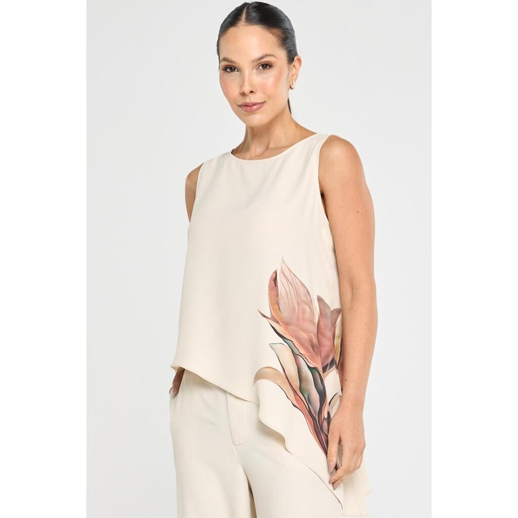 Blusa PKS Assimétrica Bege com Estampa Floral Lateral