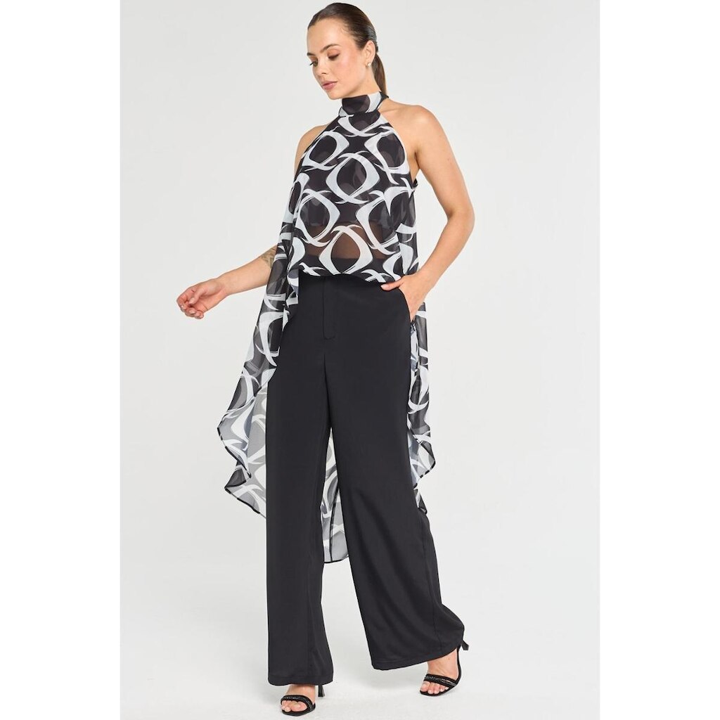 Blusa PKS Frente Única Assimétrica de Chiffon Estampado Preto e Branco