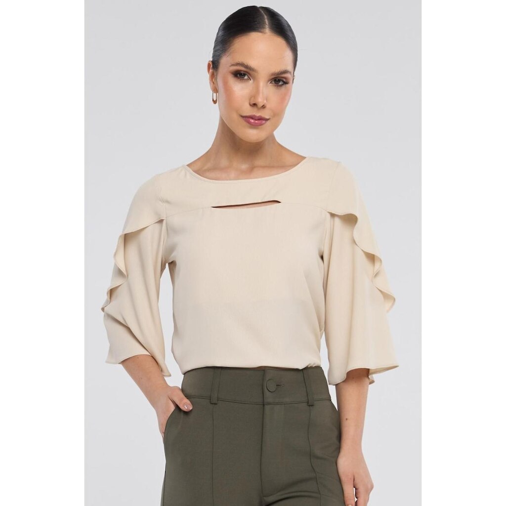 Blusa PKS Manga 7/8 Crepe Bege