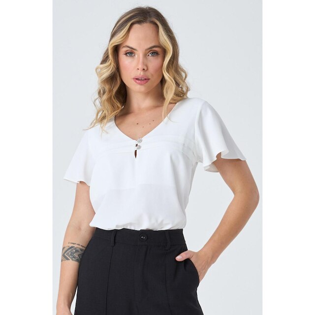 Blusa PKS Manga Curta Com Botões Jóia Off White-GG
