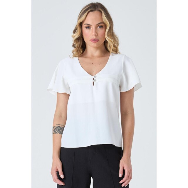 Blusa PKS Manga Curta Com Botões Jóia Off White-GG