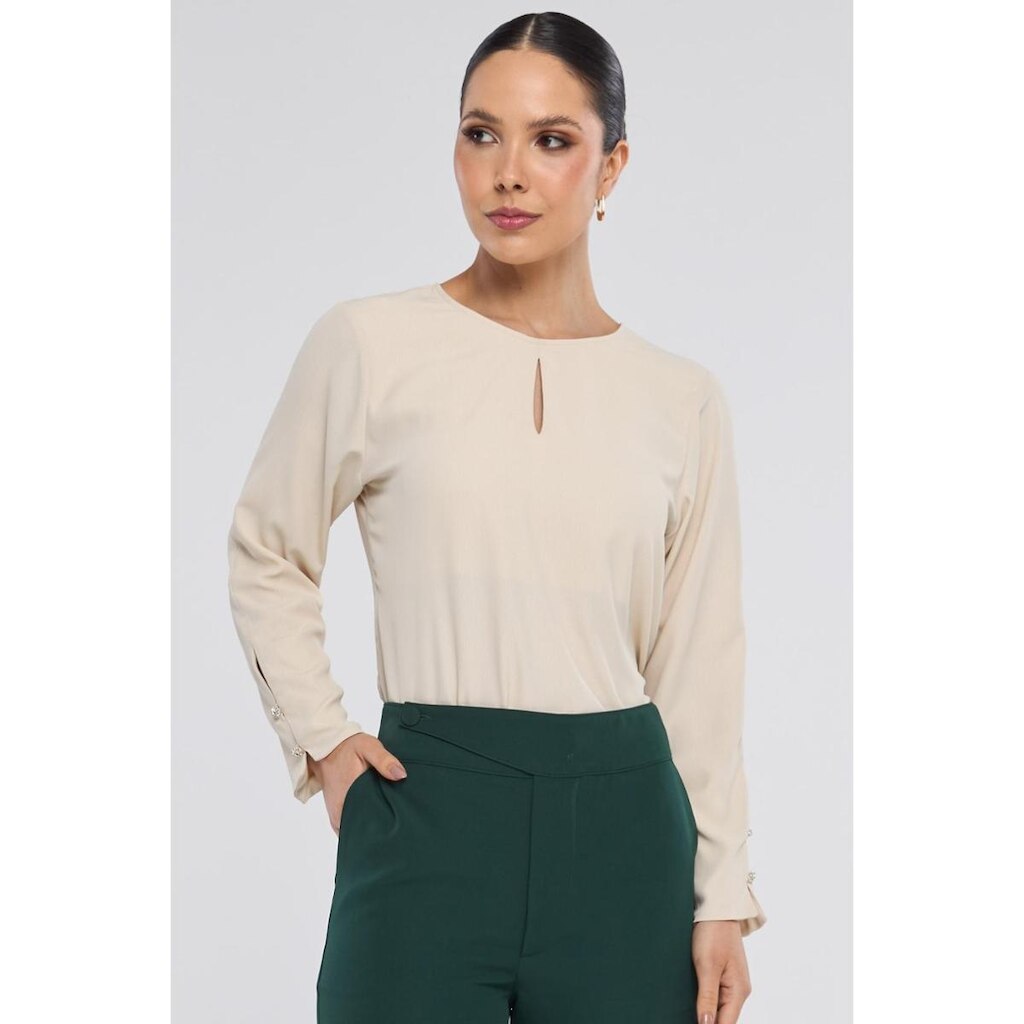Blusa PKS Manga Longa Botões Joia Bege