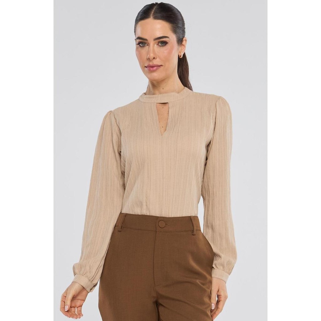 Blusa PKS Manga Longa Crepe Frisê Bege